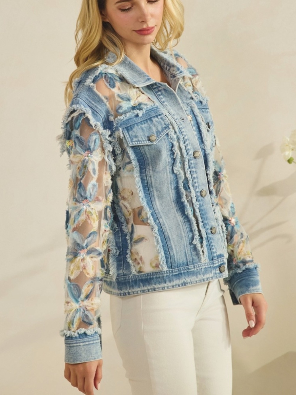 Western Floral Lace Appliqué Semi Sheer Button Down Frayed Jacket - Picture 9 of 13